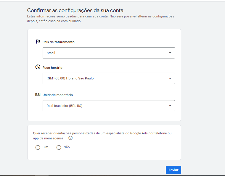 Configurações iniciais no Google Ads