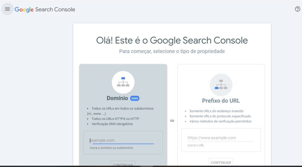 Tela de cadastro de site no Google Search Console