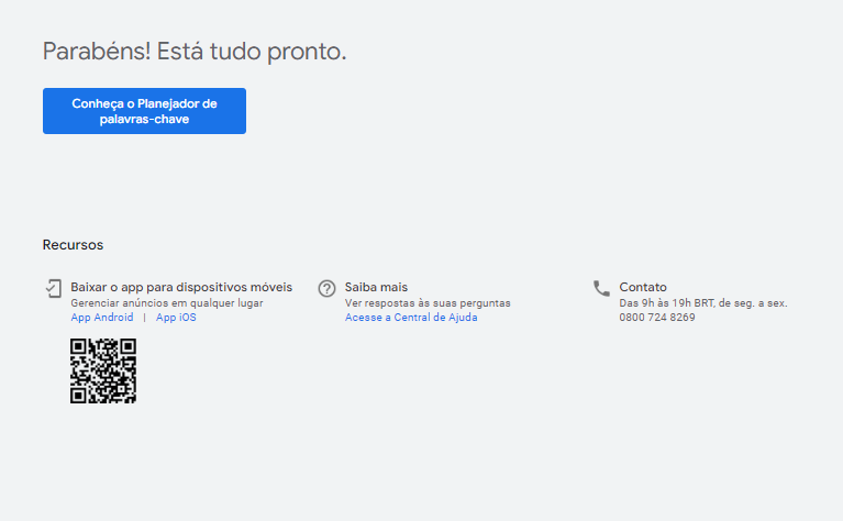 Tela de configuração do Google para o planejador de palavras-chave do Google Ads