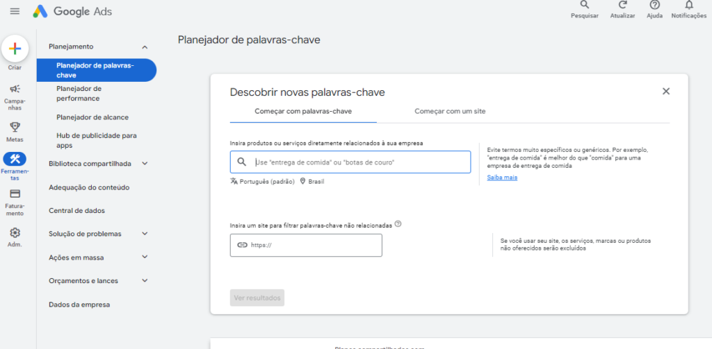 Tela de pesquisa de palavras-chave no Google Ads