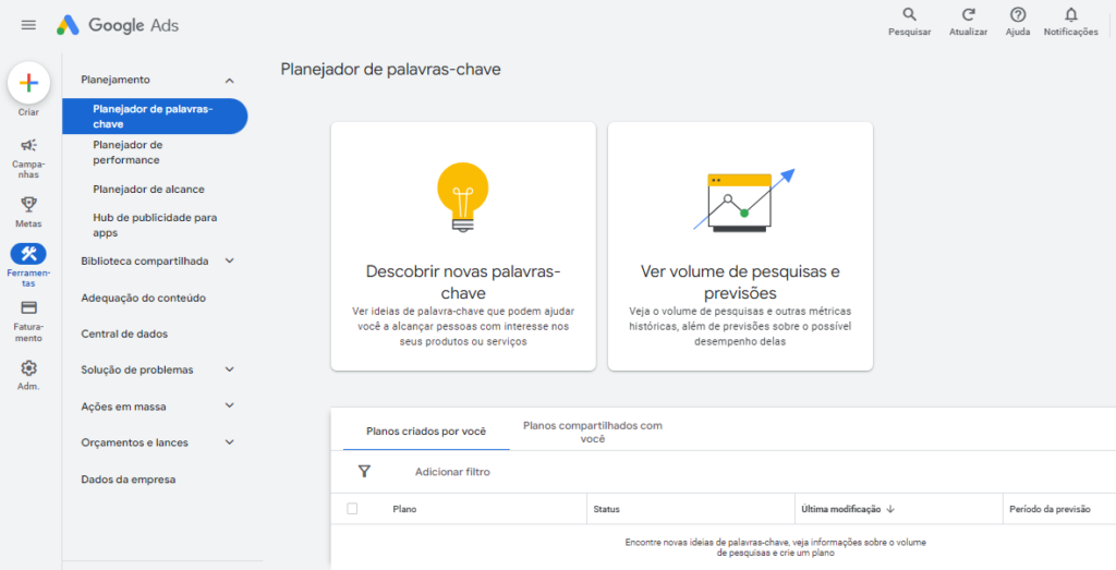 Tela descobrir novas palavras-chave no Google Ads para SEO