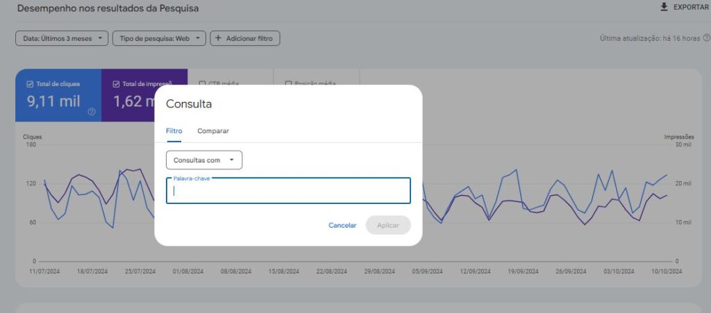 Filtro de consulta no relatório de desempenho do Google Search Console