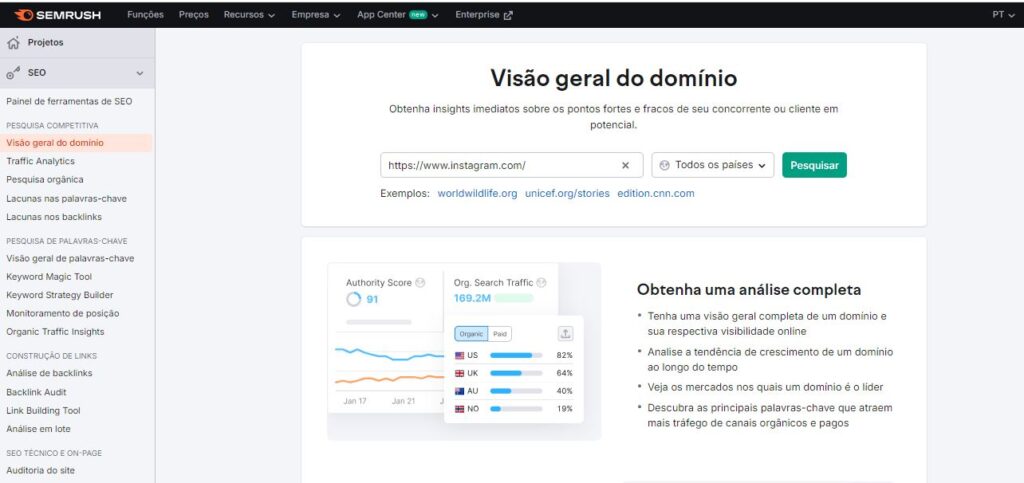 Verificar a Pontuação de Autoridade de Domínio no Semrush