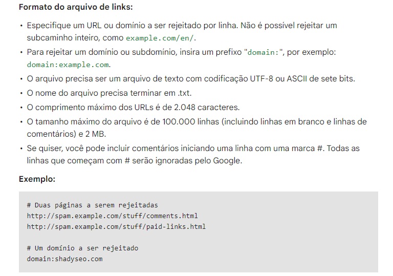 Formato do arquivo de Disavow Links pelo Google